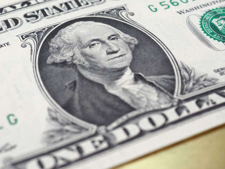 Detail of President George Washington engraving on 1 dollar note money (USD), currency of United States of Americaのeditorial素材