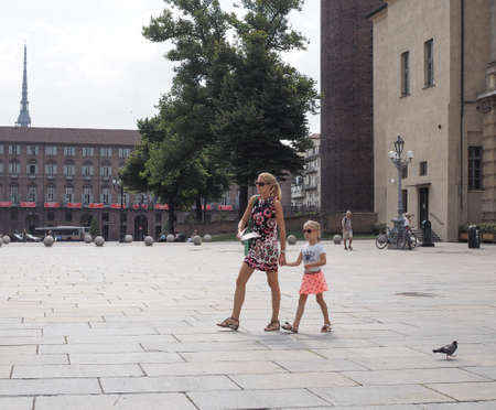 TURIN, ITALY - CIRCA JULY 2017: People in Piazza Castello squareのeditorial素材