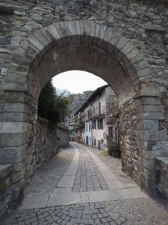 Eastern Gate of the medieval Village of Donnas along the ancient roman consular road in Donnas, Italyの写真素材