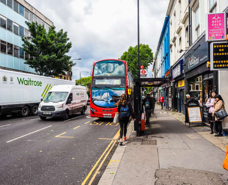LONDON, UK - CIRCA JUNE 2017: Red double decker bus public transport (high dynamic range)のeditorial素材
