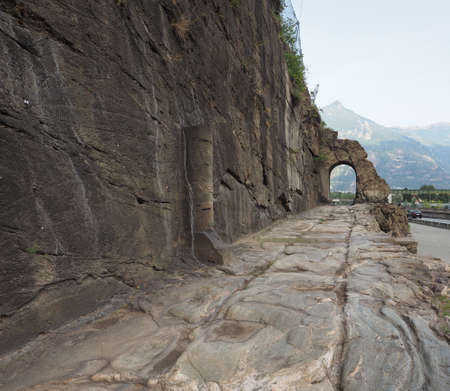 Ancient roman consular road called Via delle Gallie (meaning Gauls Road) in Donnas, Italyの写真素材