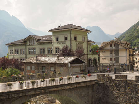 PONT SAINT MARTIN, ITALY - CIRCA AUGUST 2017: View of the old city centreのeditorial素材