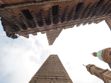 Torre Garisenda and Torre Degli Asinelli leaning towers aka Due Torri (meaning Two towers) in Bologna, Italyの写真素材