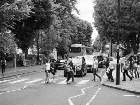 LONDON, UK - CIRCA JUNE 2017: Abbey Road zebra crossing made famous by the 1969 Beatles album cover in black and whiteのeditorial素材