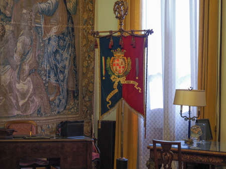 CAGLIARI, ITALY - CIRCA SEPTEMBER 2017: Flag of the town at Palazzo Civico (meaning Town Hall) aka Palazzo Bacareddaのeditorial素材