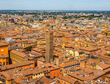 Aerial view of the Torre Prendiparte tower in the city of Bologna, Italy (vibrant high dynamic...
