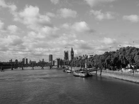 LONDON, UK - CIRCA JUNE 2017: Houses of Parliament aka Westminster Palace seen from River Thames in black and whiteのeditorial素材