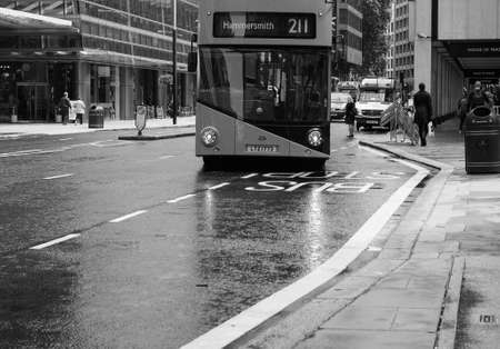 LONDON, UK - CIRCA JUNE 2017: Red double decker bus public transport in black and whiteのeditorial素材