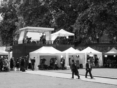 LONDON, UK - JUNE 09, 2017: Press and TV crews in College Green Westminster just opposite the Houses of Parliament, on the day following the June 8 general elections in black and whiteのeditorial素材