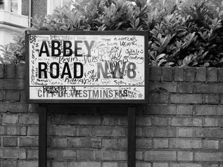 LONDON, UK - CIRCA JUNE 2017: Abbey Road street sign made famous by the 1969 Beatles album cover in black and whiteのeditorial素材