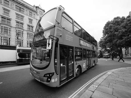 LONDON, UK - CIRCA JUNE 2017: Red double decker bus public transport in black and whiteのeditorial素材