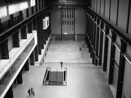 LONDON, UK - CIRCA JUNE 2017: Turbine Hall at Tate Modern art gallery in South Bank power station in black and whiteのeditorial素材