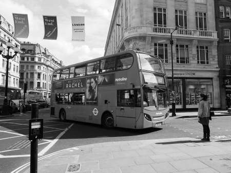 LONDON, UK - CIRCA JUNE 2017: Red double decker bus public transport in black and white