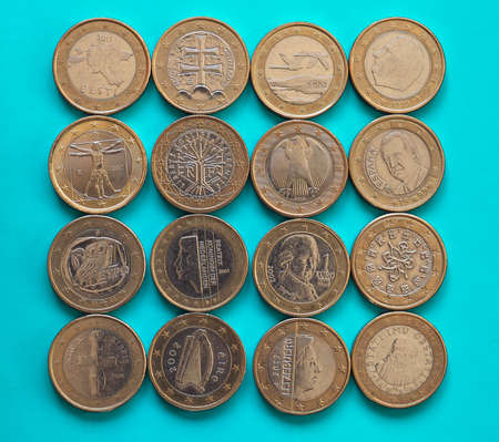 1 euro coin money (EUR), currency of European Union, many different countriesの写真素材