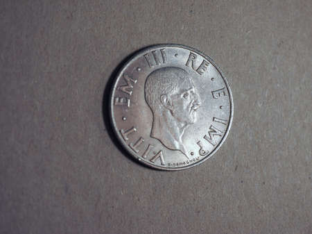 Old Italian 2 Lire coin with Vittorio Emanuele III King and Imperator, circa 1939