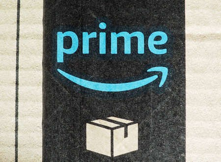 SEATTLE, USA - CIRCA DECEMBER 2017: Amazon prime label on a parcelのeditorial素材