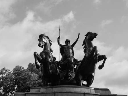 LONDON, UK - CIRCA JUNE 2017: Statue of Boadicea Boudicca Queen of the Iceni who died AD 61 after leading her people against the Roman invaders in black and whiteのeditorial素材