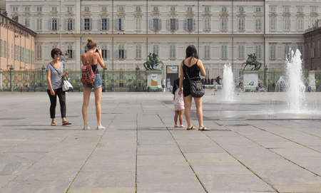 TURIN, ITALY - CIRCA JULY 2017: People in Piazza Castello squareのeditorial素材