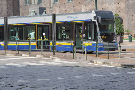 TURIN, ITALY - CIRCA JULY 2017: Tramway public transport train in Piazza Castello squareのeditorial素材