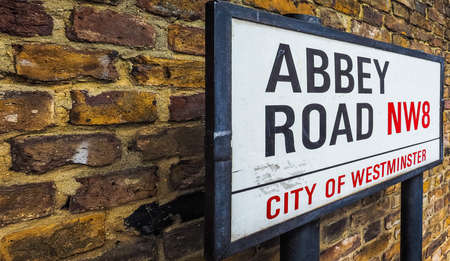 LONDON, UK - CIRCA JUNE 2017: Abbey Road street sign made famous by the 1969 Beatles album cover (high dynamic range)のeditorial素材