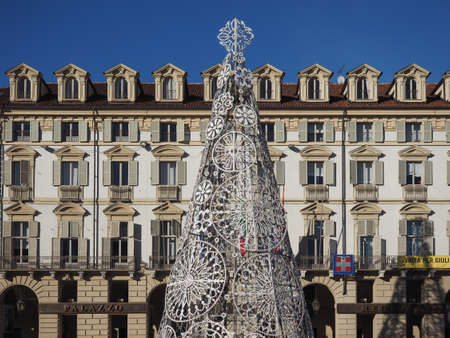 TURIN, ITALY - CIRCA JANUARY 2018: Christmas tree in Piazza Castello squareのeditorial素材