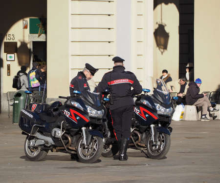 TURIN, ITALY - CIRCA JANUARY 2018: Carabinieri Italian military force patrolling the city centreのeditorial素材