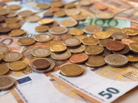 Euro banknotes and coins (EUR), currency of European Unionの写真素材