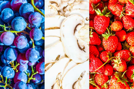 the French national flag of France, Europe made with food including grapes, mushrooms and strawberriesの写真素材
