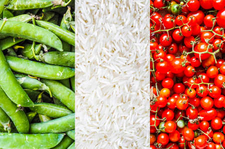 the Italian national flag of Italy, Europe made with food including green beans, rice and tomatoesの写真素材