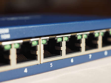 Modem router switch with ports for RJ45 plug in LAN local area network ethernet connectionの写真素材