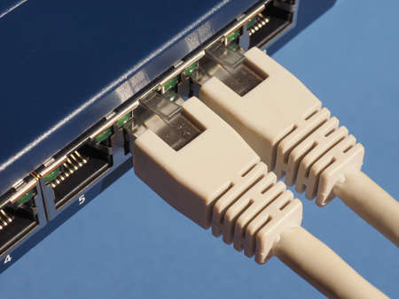 Modem router switch with ports for RJ45 plug in LAN local area network connection