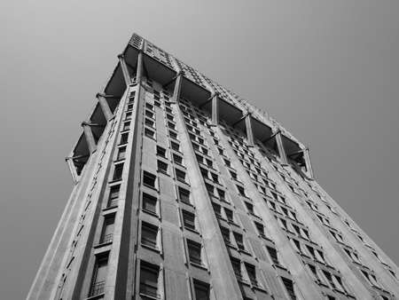 MILAN, ITALY - CIRCA APRIL 2018: Torre Velasca designed by BBPR in 1955 is a masterpiece of Italian new brutalist architecture in black and whiteのeditorial素材