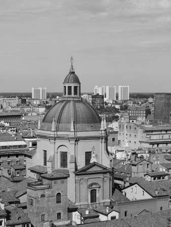 Aerial view of the city of Bologna, Italy in black and white