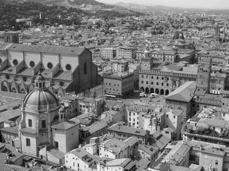 Aerial view of Piazza Maggiore square and San Petronio church in the city of Bologna, Italy in black and whiteの写真素材