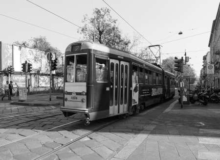 MILAN, ITALY - CIRCA APRIL 2018: Vintage historical tramway train in black and whiteのeditorial素材