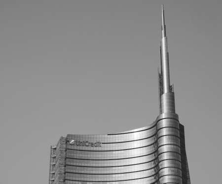 MILAN, ITALY - CIRCA APRIL 2018: Torre UniCredit (meaning UniCredit Tower) bank headquarters designed by architect Cesar Pelli in black and whiteのeditorial素材