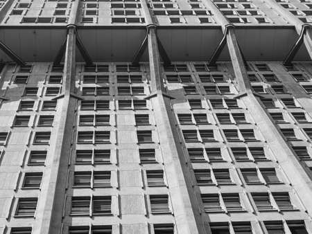 MILAN, ITALY - CIRCA APRIL 2018: Torre Velasca designed by BBPR in 1955 is a masterpiece of Italian new brutalist architecture in black and whiteのeditorial素材