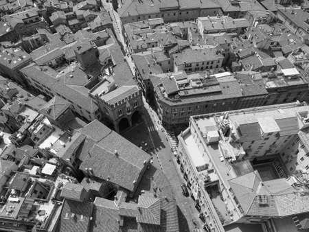 Aerial view of the city of Bologna, Italy in black and white