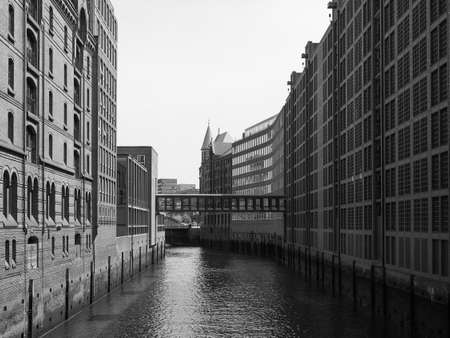 HafenCity quarter in the district of Hamburg Mitte on the Elbe river island Grasbrook on former Hamburger Hafen (Port of Hamburg) in Hamburg, Germany in black and whiteの写真素材