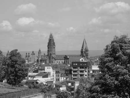 View of the city of Mainz in Germany in black and whiteの写真素材