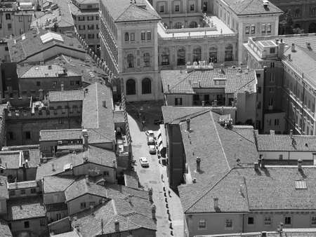 Aerial view of the city of Bologna, Italy in black and white