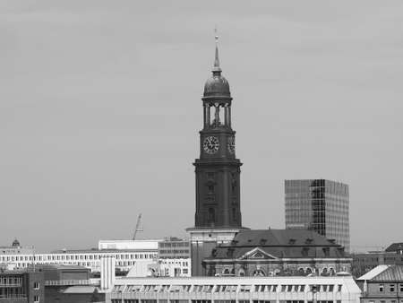 Aerial view of the city skyline seen from Hafencity in Hamburg, Germany in black and whiteの写真素材