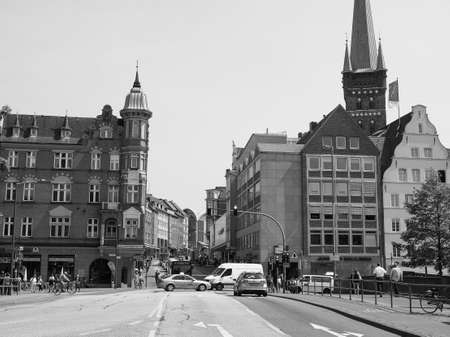 LUEBECK, GERMANY - CIRCA MAY 2017: View of the city from Holstenbrucke in black and white