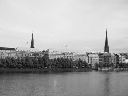 HAMBURG, GERMANY - CIRCA MAY 2017: Binnenalster (meaning Inner Alster lake) in black and whiteのeditorial素材