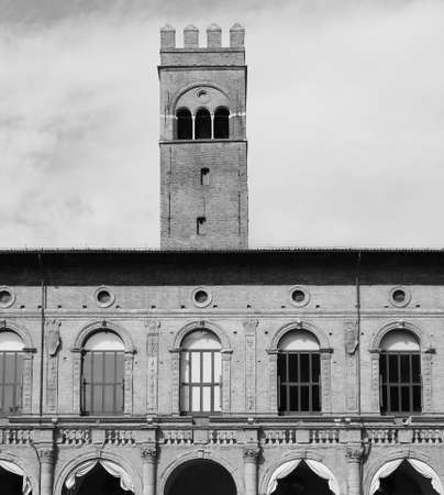 BOLOGNA, ITALY - CIRCA SEPTEMBER 2017: Palazzo del Podesta (meaning Mayor Palace) in Piazza Maggiore square in black and whiteのeditorial素材