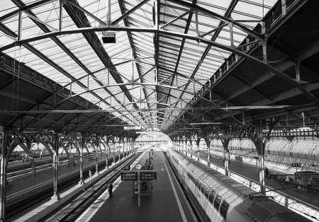 LUEBECK, GERMANY - CIRCA MAY 2017: Luebeck Hauptbahnhof (central railway station) in black and whiteのeditorial素材