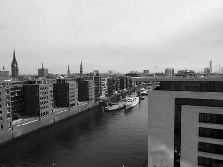 HAMBURG, GERMANY - CIRCA MAY 2017: Aerial view of the city skyline seen from Hafencity in black and whiteのeditorial素材