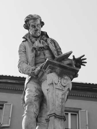 BOLOGNA, ITALY - CIRCA SEPTEMBER 2017: Monument to Luigi Galvani who discovered animal electricity, aka Galvanism after him in black and whiteのeditorial素材