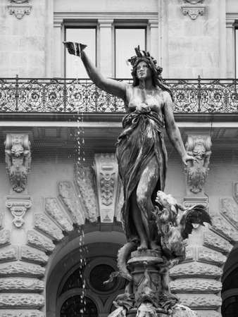 HAMBURG, GERMANY - CIRCA MAY 2017: Hygeieia Fountain at Hamburg Rathaus (city hall) in black and whiteのeditorial素材