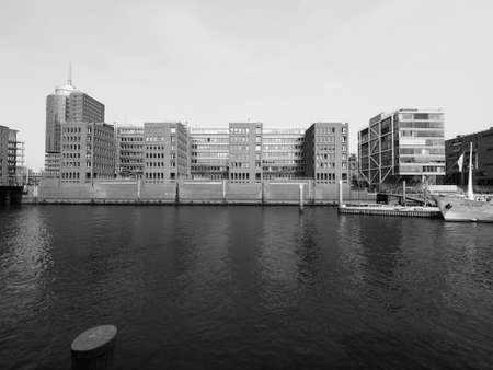 HAMBURG, GERMANY - CIRCA MAY 2017: HafenCity quarter in the district of Hamburg Mitte on the Elbe river island Grasbrook on former Hamburger Hafen (Port of Hamburg) in black and whiteのeditorial素材